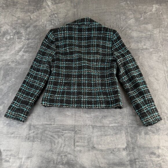 Vintage BRANDON THOMAS Black & Teal Tweed Open Front Jacket Coat Sz 6 Small - Picture 6 of 7